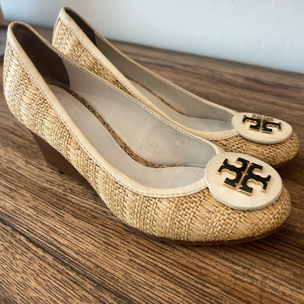 Tory Burch Beige Woven Wedges with Gold Logo